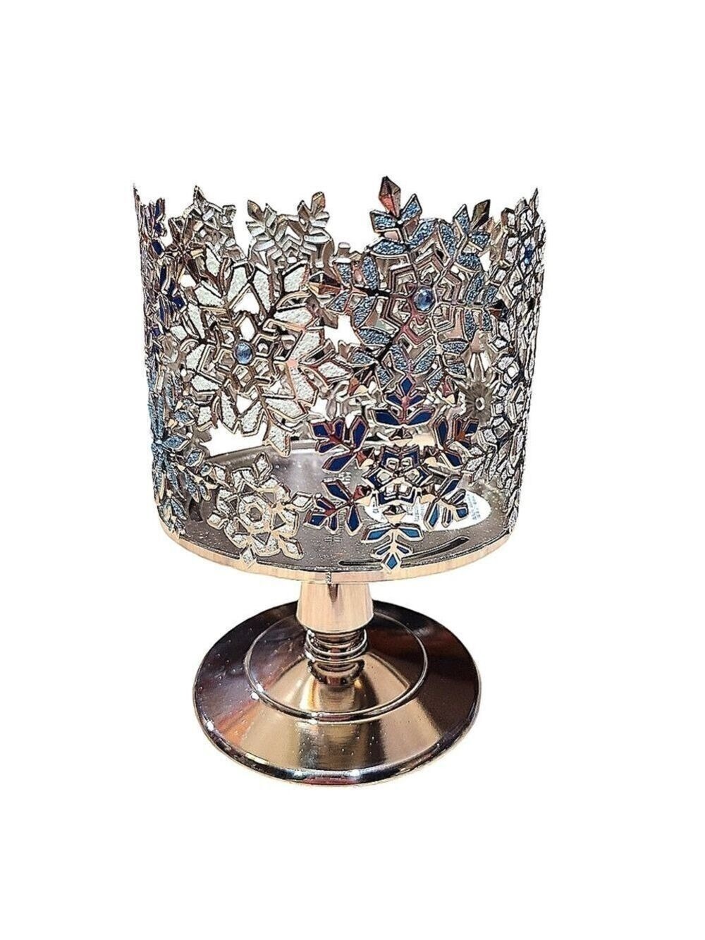 Glitter Snowflake 3-Wick Pedestal Candle Holder Blue, White, & Silver